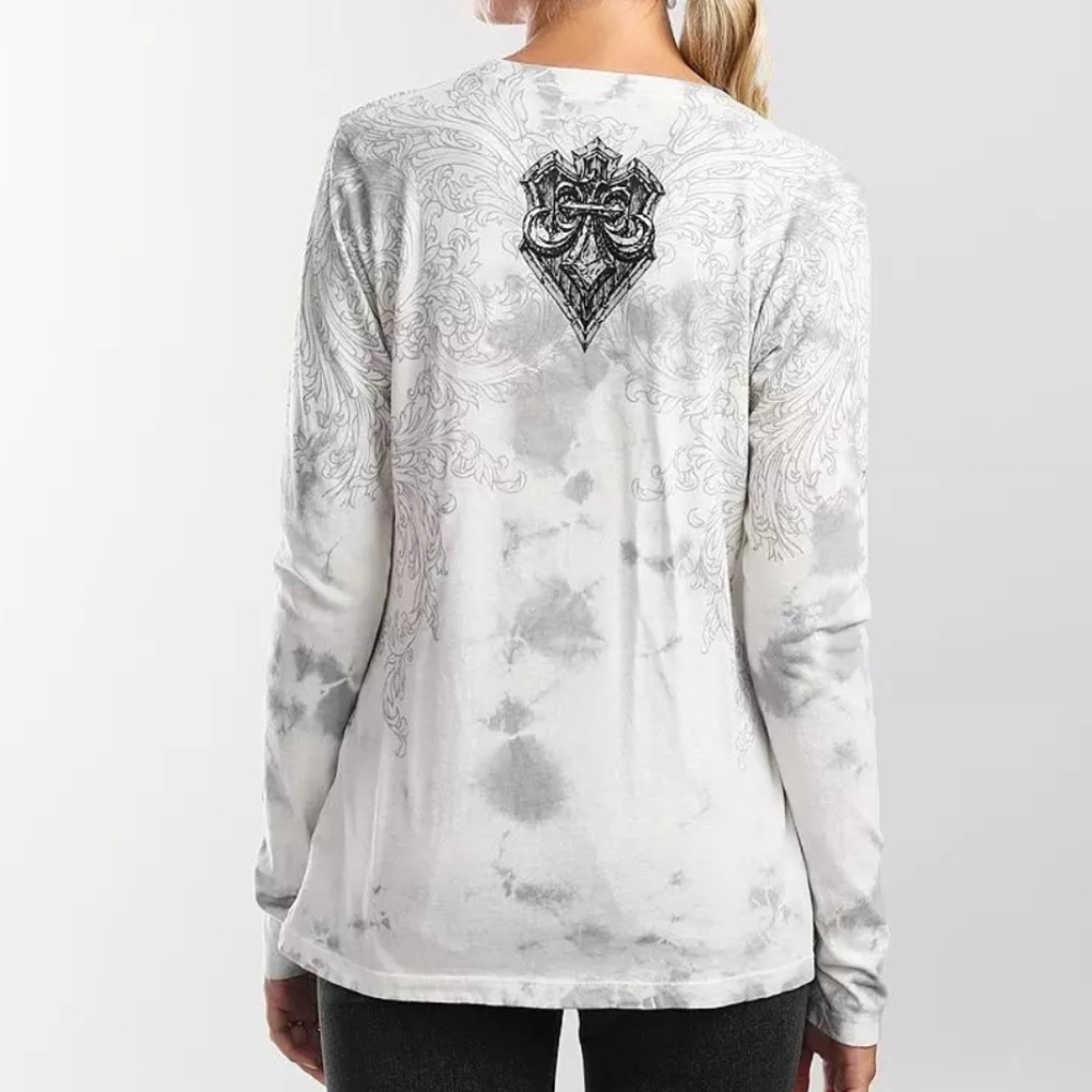 Affliction Fleur Shield lpng sleeve graphic embellished T-Shirt size XS - Picture 2 of 11